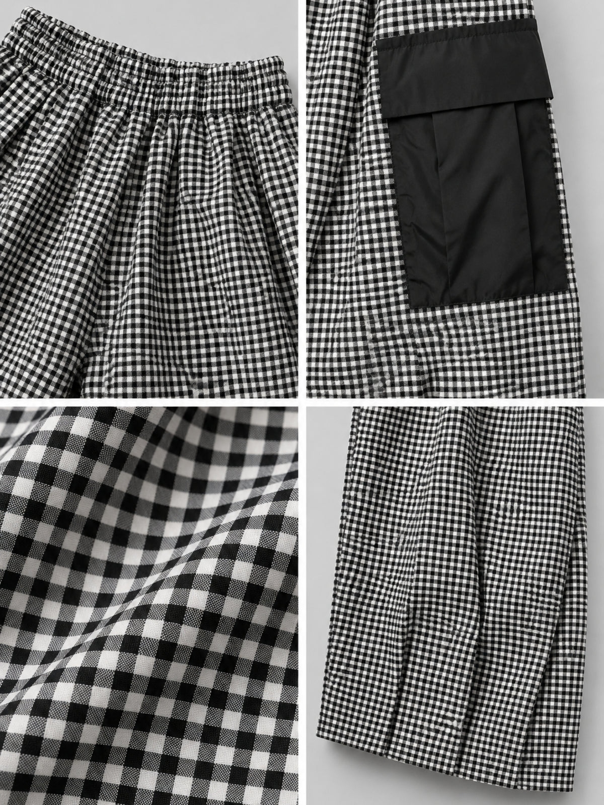 Elastischer Bund, Cargotasche mit Klappe, Karostoff und Beinabschluss der Ballonhose, Detailansicht