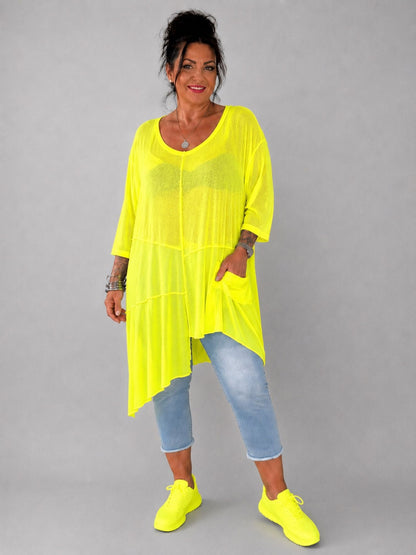 AKH Fashion Feinstrick-Shirt asymmetrisch – Neongrün, Neonpink, Neongelb & Weiß, Einheitsgröße 44–58