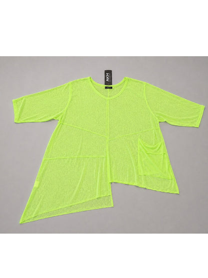 AKH Fashion Feinstrick-Shirt asymmetrisch – Neongrün, Neonpink, Neongelb & Weiß, Einheitsgröße 44–58