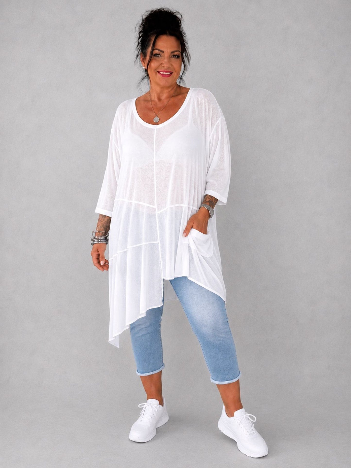 AKH Fashion Feinstrick-Shirt asymmetrisch – Neongrün, Neonpink, Neongelb & Weiß, Einheitsgröße 44–58