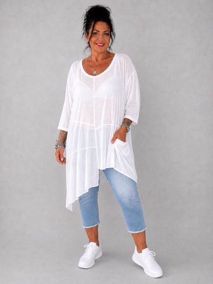 AKH Fashion Feinstrick-Shirt asymmetrisch – Neongrün, Neonpink, Neongelb & Weiß, Einheitsgröße 44–58
