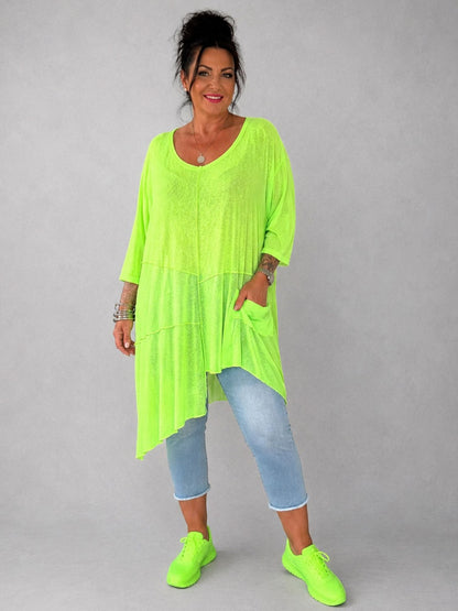 AKH Fashion Feinstrick-Shirt asymmetrisch – Neongrün, Neonpink, Neongelb & Weiß, Einheitsgröße 44–58