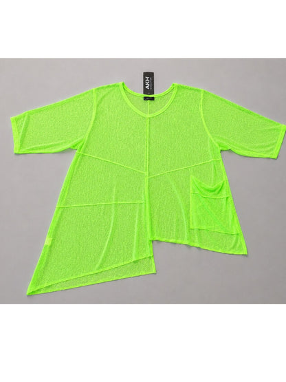 AKH Fashion Feinstrick-Shirt asymmetrisch – Neongrün, Neonpink, Neongelb & Weiß, Einheitsgröße 44–58