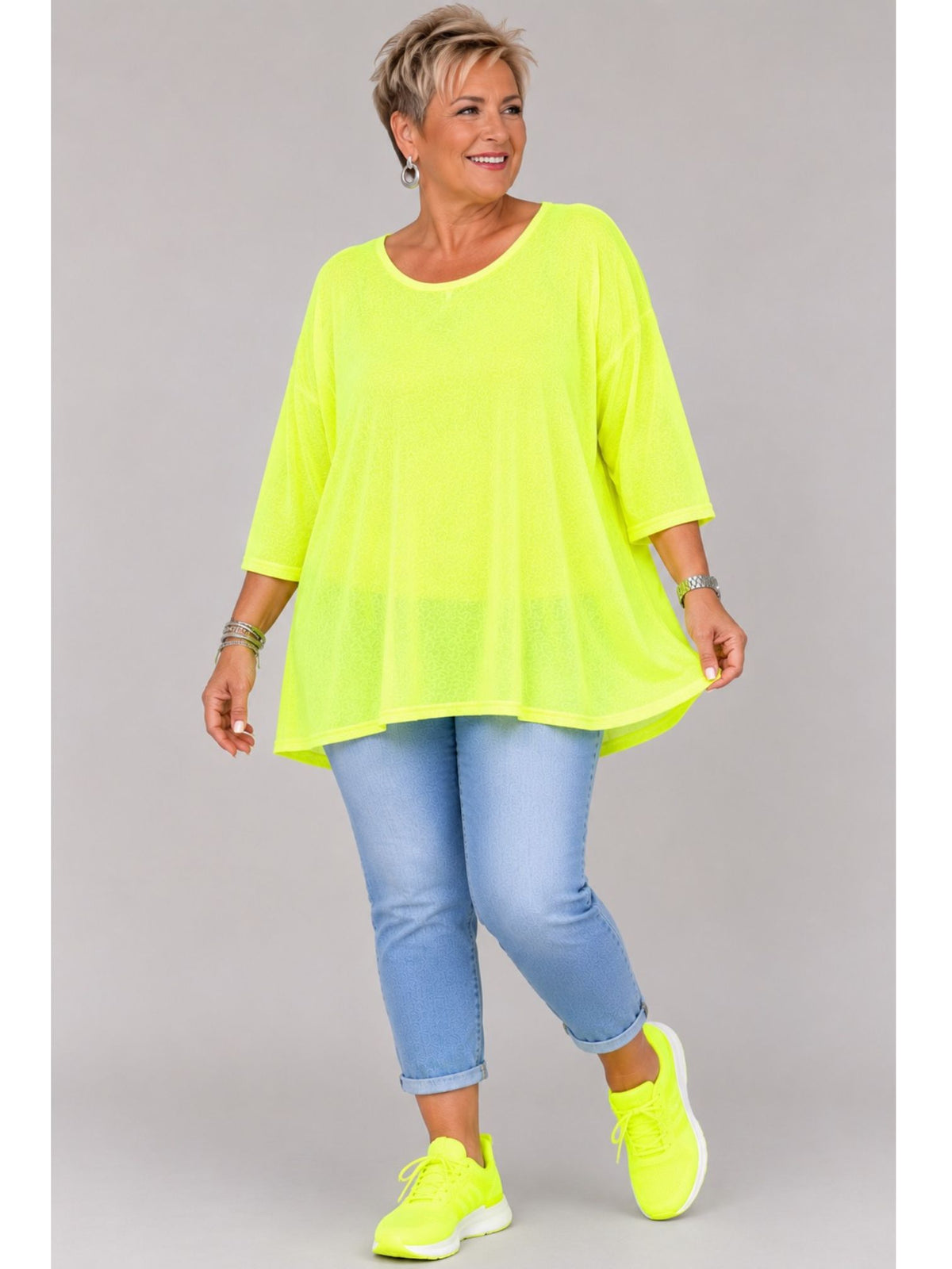 AKH Fashion Oversize Feinstrick-Shirt A-Linie Neon – Einheitsgröße 44–56, Neongrün / Neonpink / Neongelb / Schwarz / Weiß