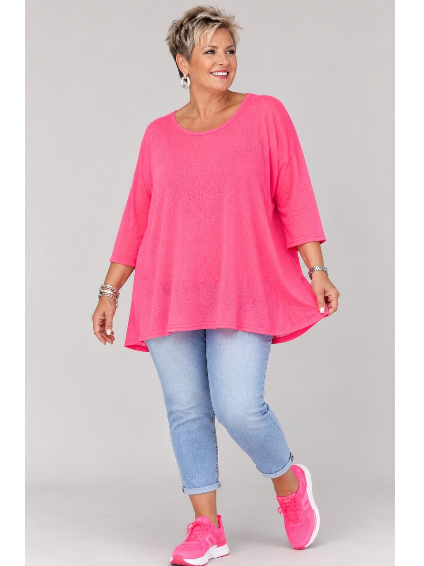AKH Fashion Oversize Feinstrick-Shirt A-Linie Neon – Einheitsgröße 44–56, Neongrün / Neonpink / Neongelb / Schwarz / Weiß