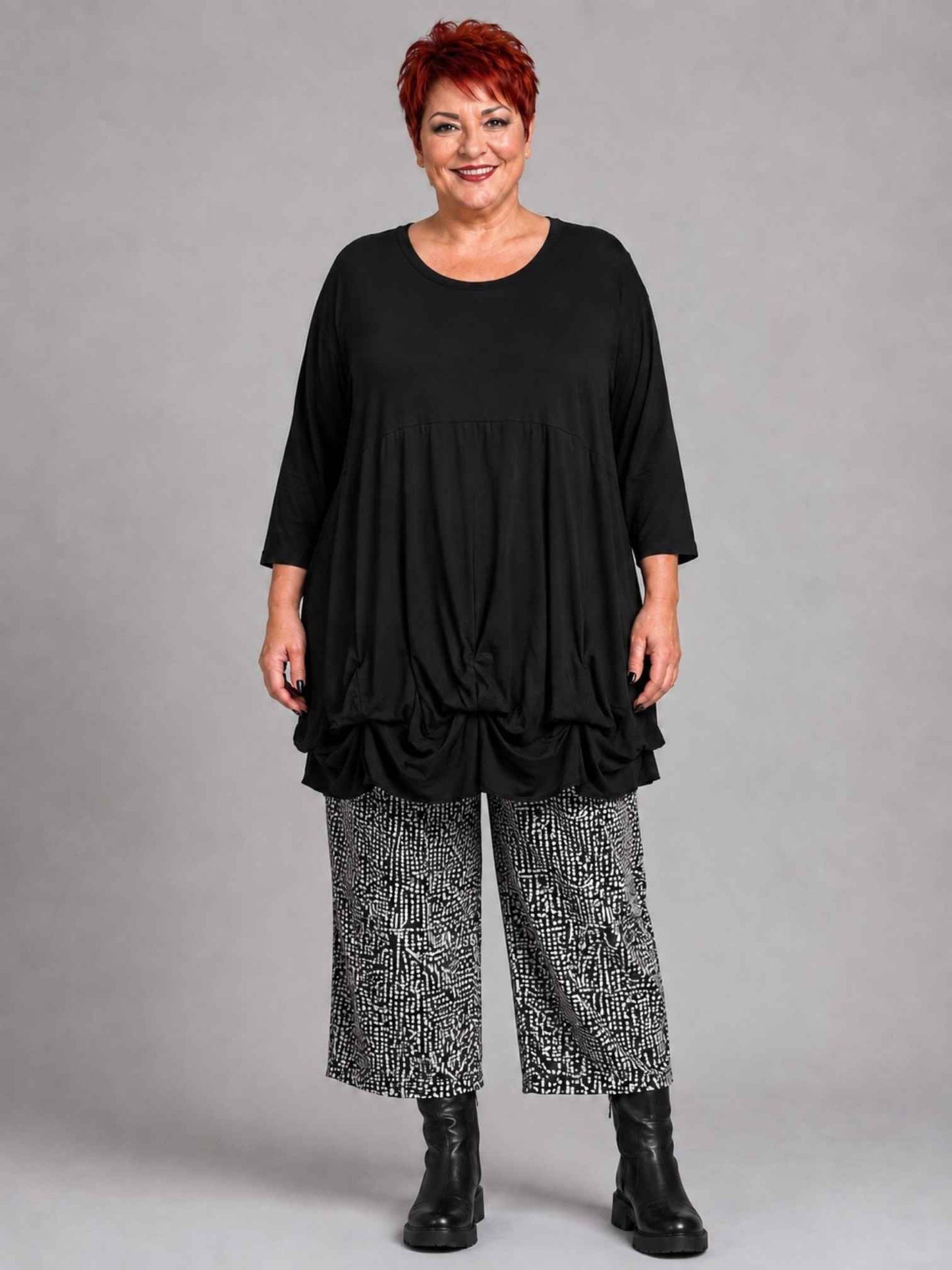 AKH Fashion Tunika Viskose mit Ballonsaum Oversize – Schwarz, Einheitsgröße 44–54