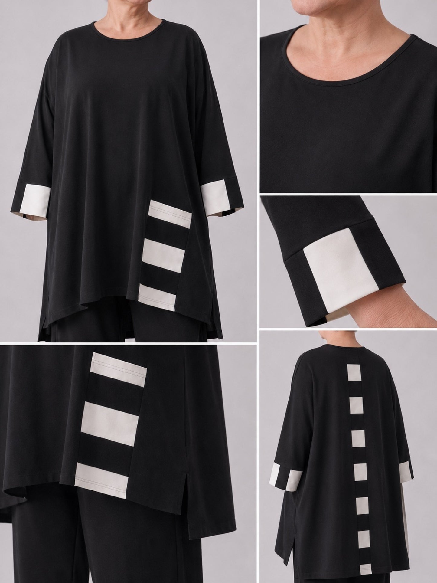 AKH Fashion Long-Tunika Viskose mit Rechteck-Details Oversize – Schwarz/Ecru, Einheitsgröße 44–56