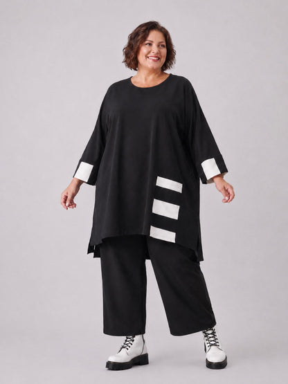 AKH Fashion Long-Tunika Viskose mit Rechteck-Details Oversize – Schwarz/Ecru, Einheitsgröße 44–56