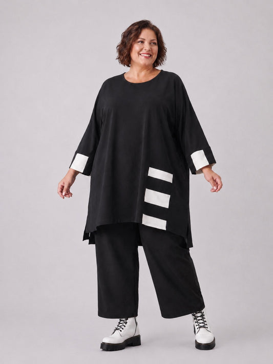 AKH Fashion Long-Tunika Viskose mit Rechteck-Details Oversize – Schwarz/Ecru, Einheitsgröße 44–56