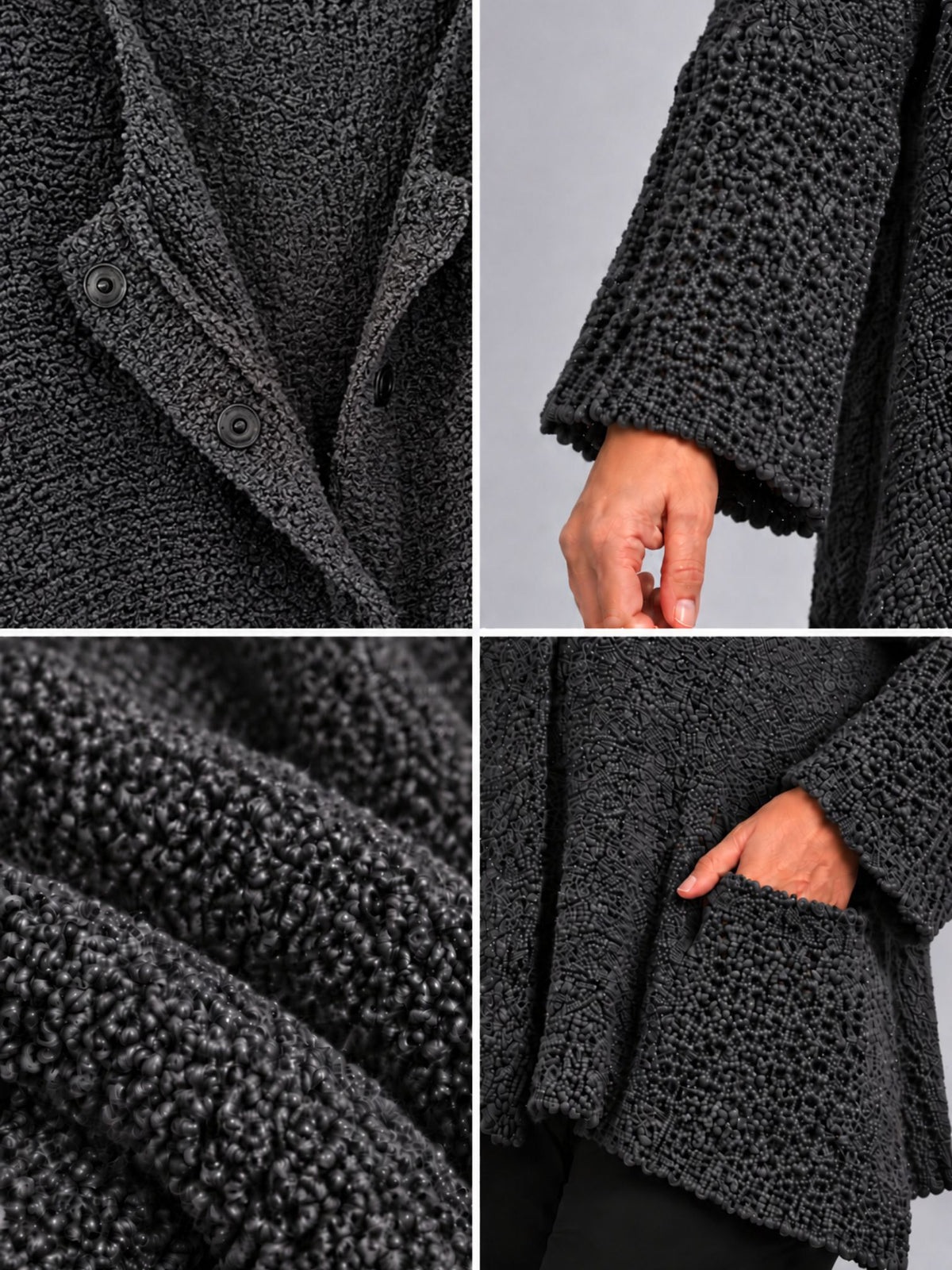 Druckknöpfe, weiter Ärmel und flauschiger Strukturstrick der dunkelgrauen Strickjacke, Detailansicht
