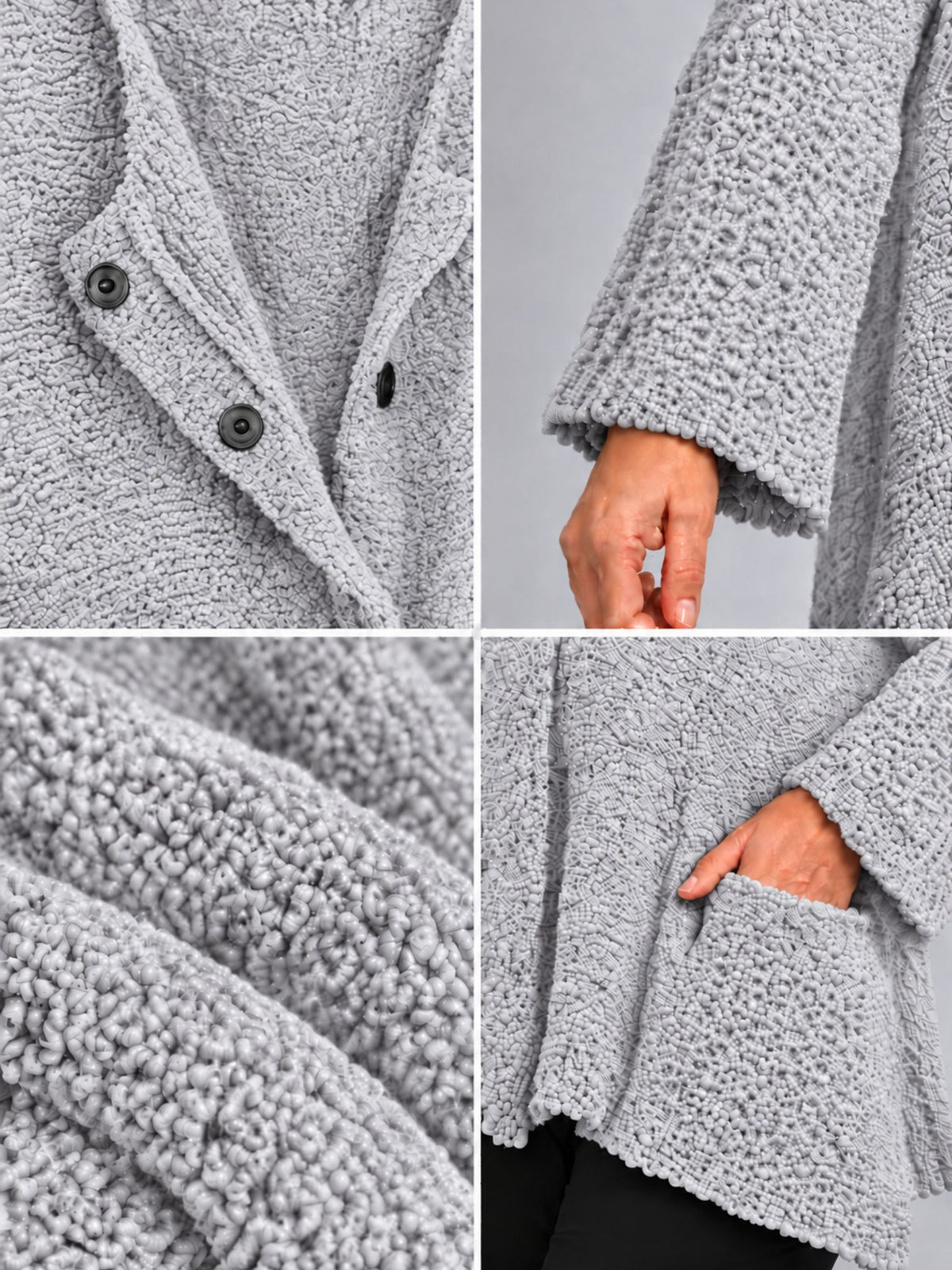 Druckknöpfe, weiter Ärmel und flauschiger Strukturstrick der hellgrauen Strickjacke, Detailansicht