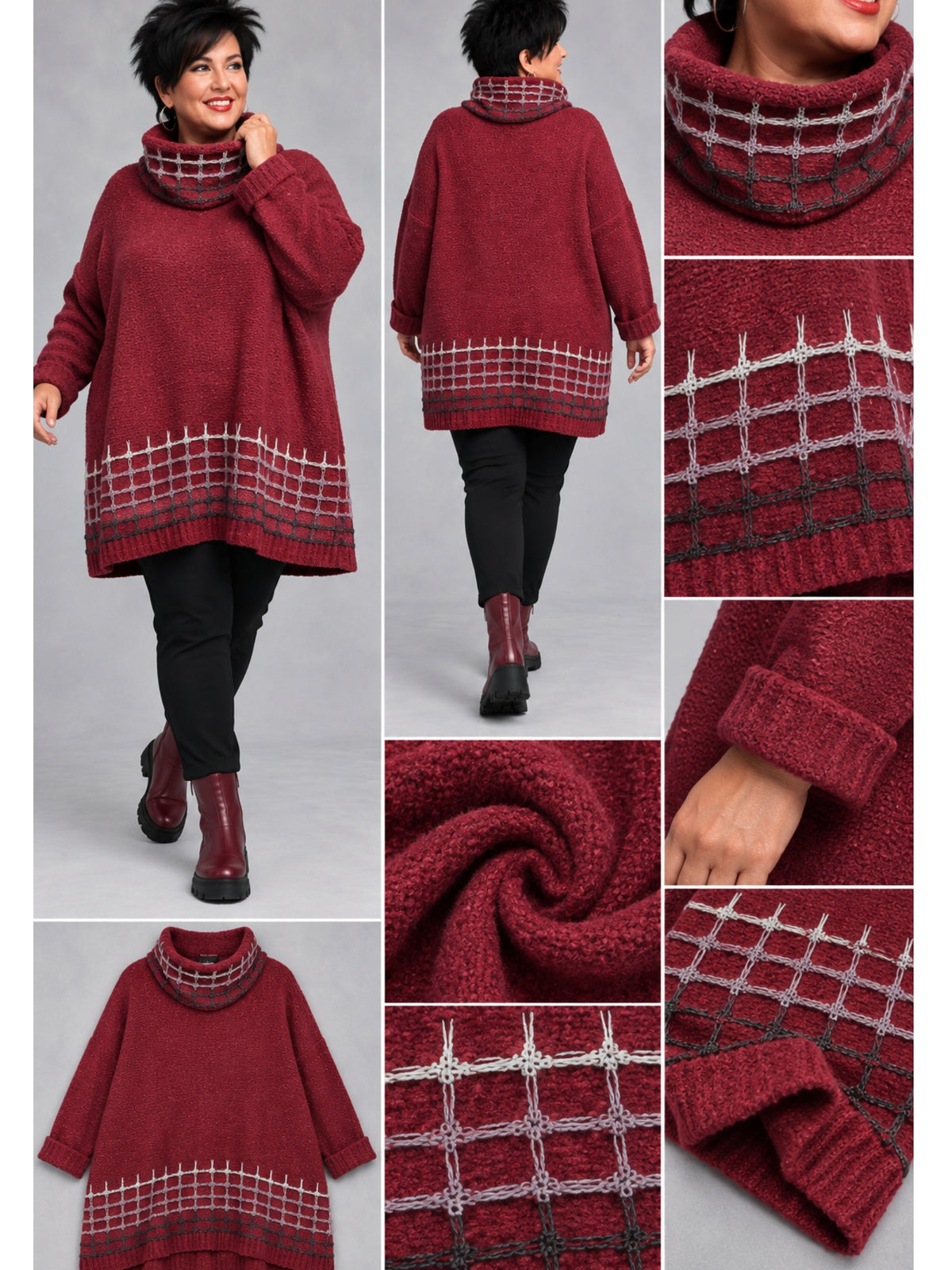Amandine Strickpullover mit abnehmbarem Rollkragen Oversize – Schwarz, Anthrazit, Khaki, Weinrot, Einheitsgröße 44–56