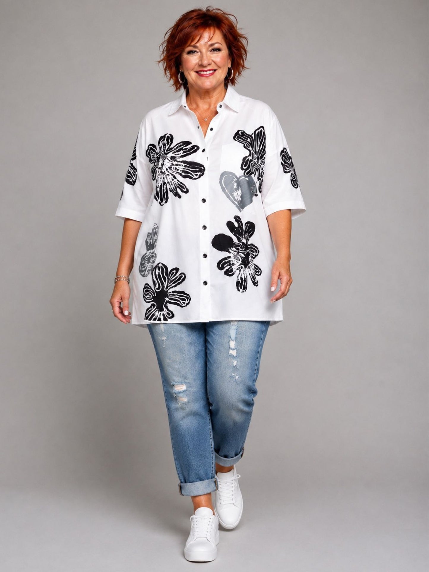 Flamar Nicky Hemdbluse Leinen Blütendruck Oversize – Weiß Gr. 44–50