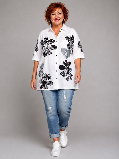 Flamar Nicky Hemdbluse Leinen Blütendruck Oversize – Weiß Gr. 44–50