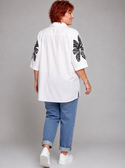Flamar Nicky Hemdbluse Leinen Blütendruck Oversize – Weiß Gr. 44–50