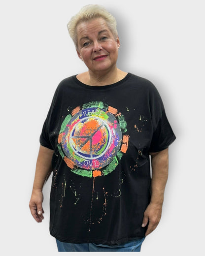 EU Queen Shirt Schwarz Peace Bunt kurzarm onesize 46 48 50 52 54