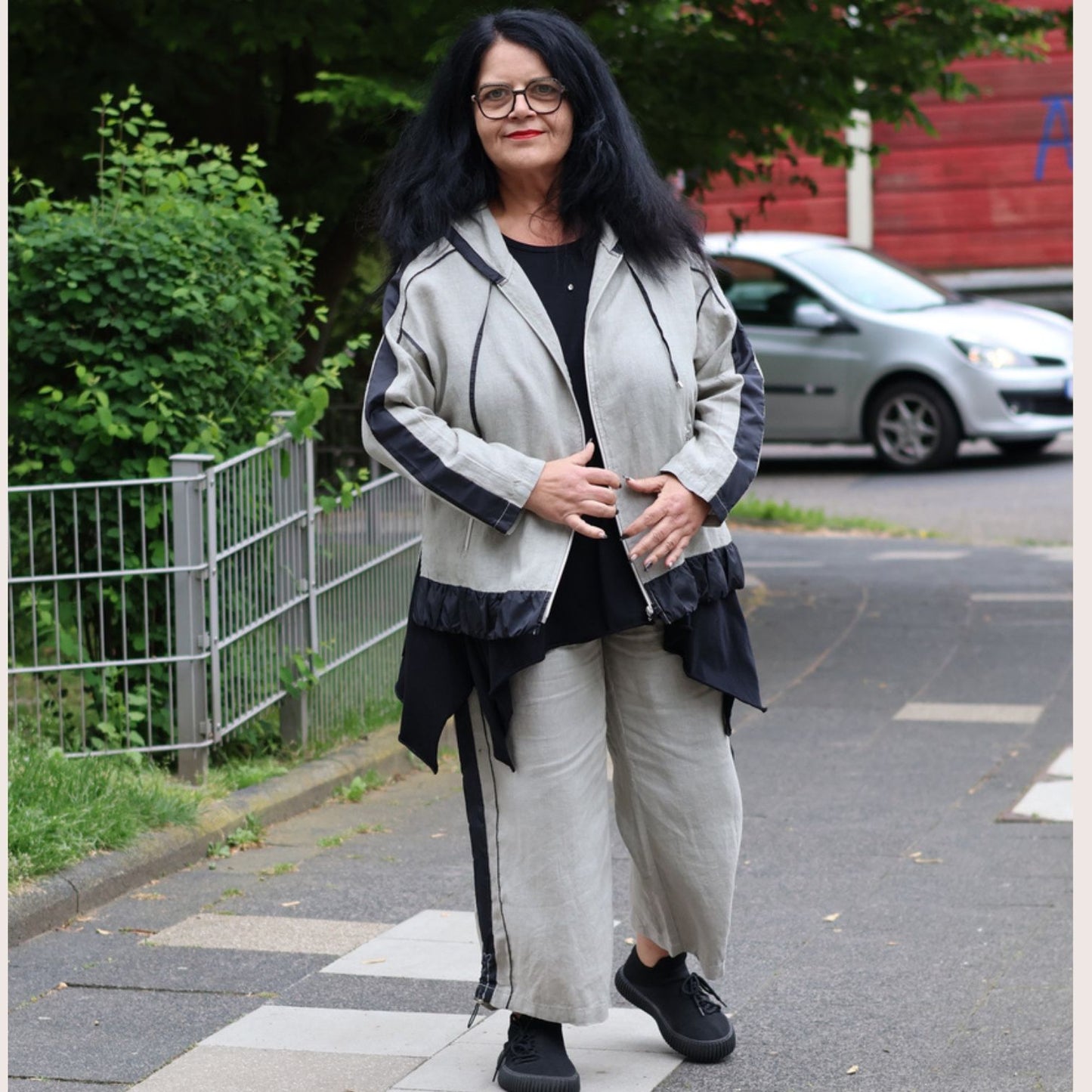 Doris Streich Leinenhose Hellkhaki-Schwarz mit Bindeband