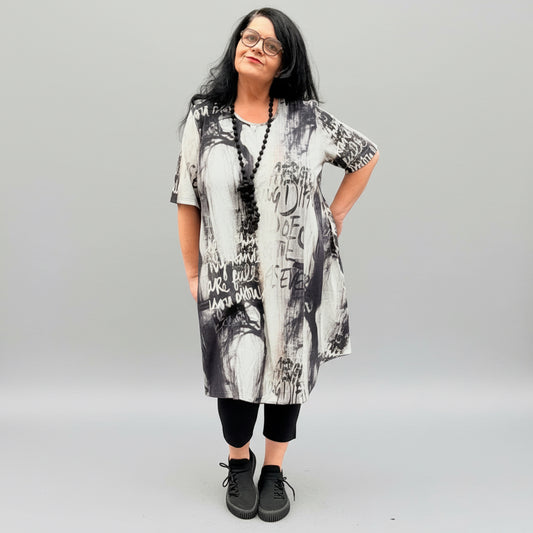 Chalou Long Tunika Kleid Print Schwarz Grau