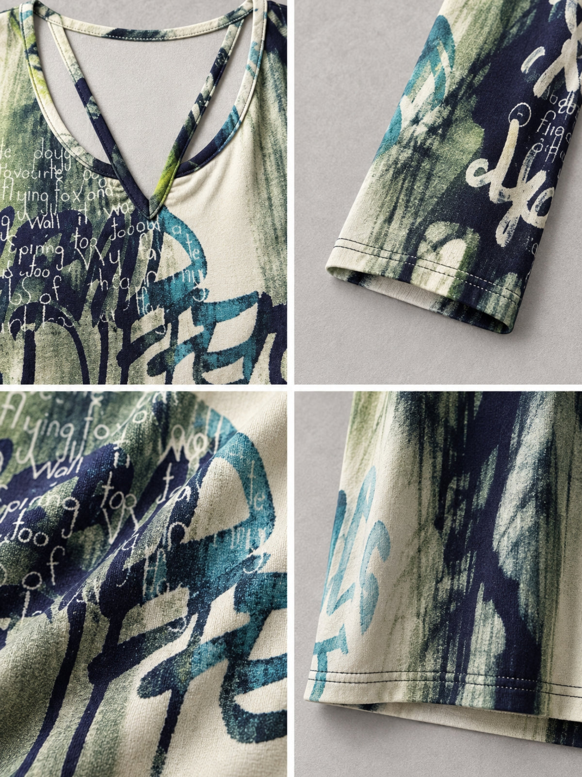 Schmale Riemchen am V-Ausschnitt des bunt gemusterten Langarmshirts, Detailansicht