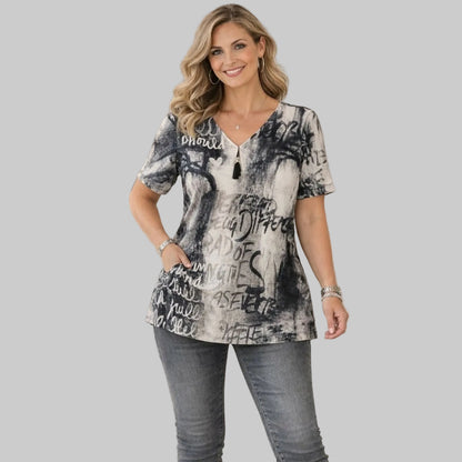 Chalou Shirt V-Ausschnitt Print Schwarz Creme