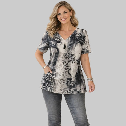 Chalou Shirt V-Ausschnitt Print Schwarz Creme