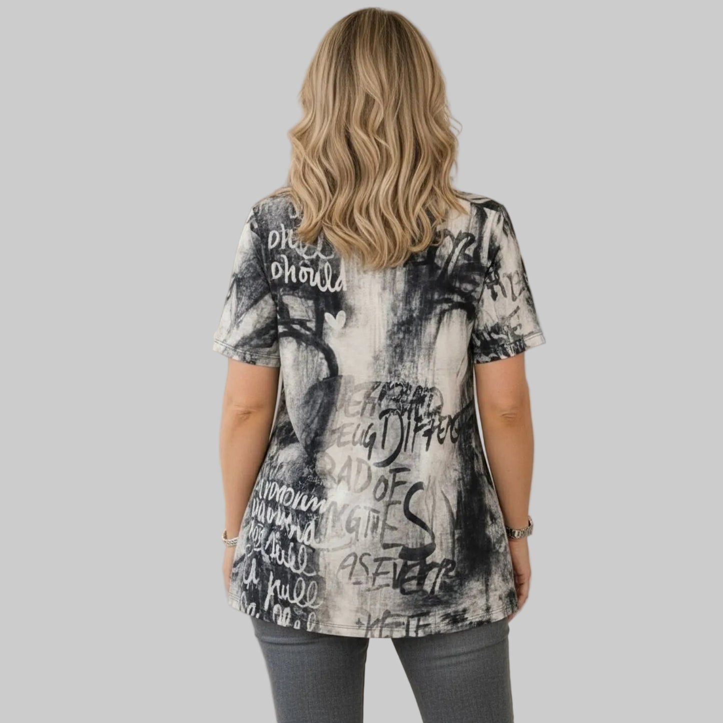 Chalou Shirt V-Ausschnitt Print Schwarz Creme
