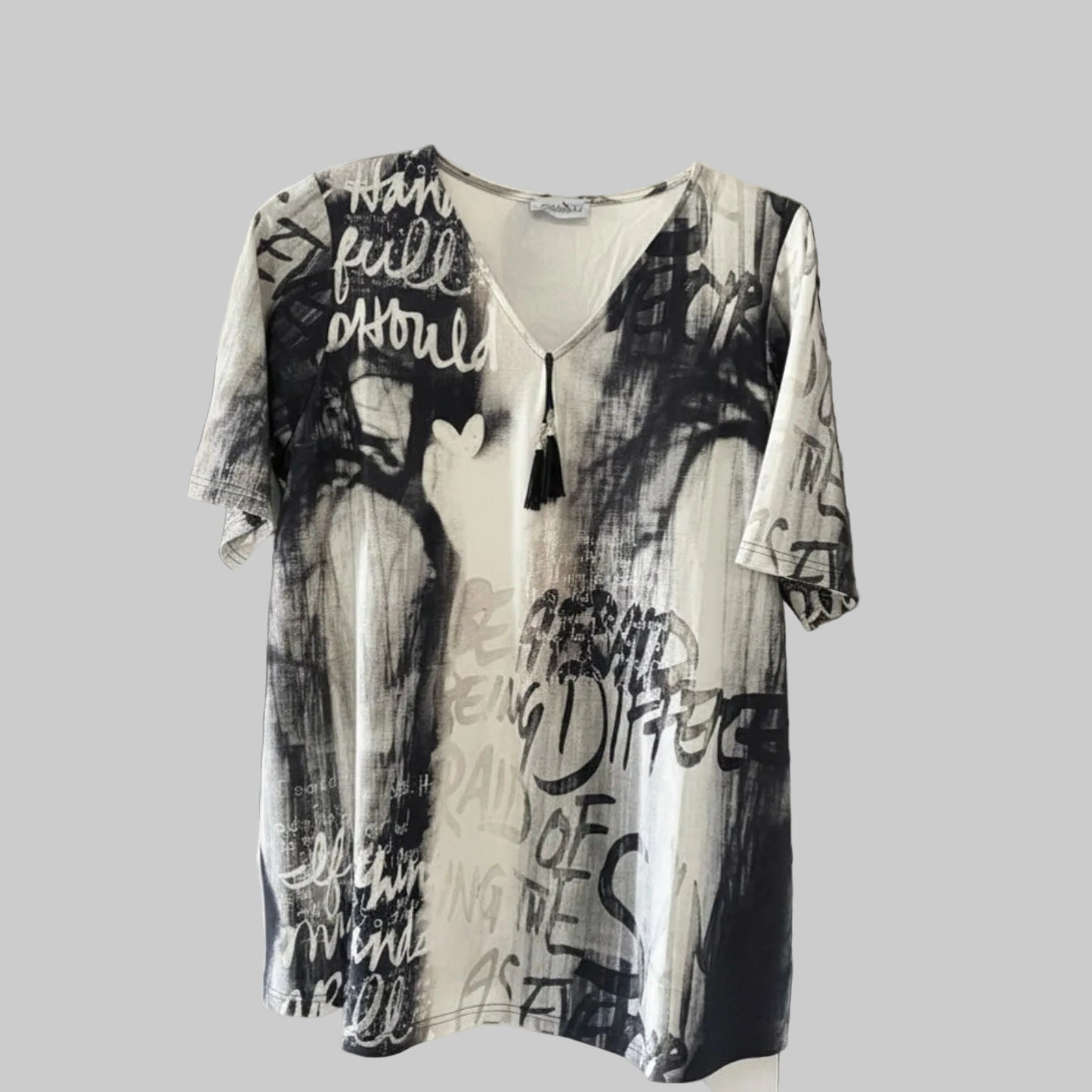 Chalou Shirt V-Ausschnitt Print Schwarz Creme