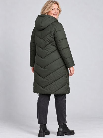 Khakifarbene lange Steppjacke mit Kapuze und Steppung im Pfeilverlauf, Rückansicht