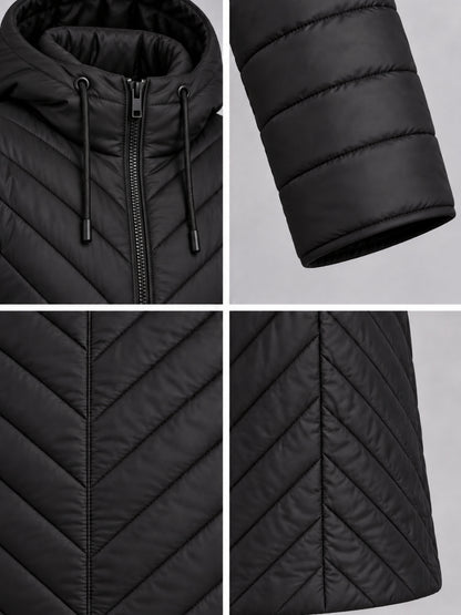 Stehkragen mit Kapuzenkordel, gesteppter Ärmel und schräge Steppnähte der schwarzen Steppjacke, Detailansicht