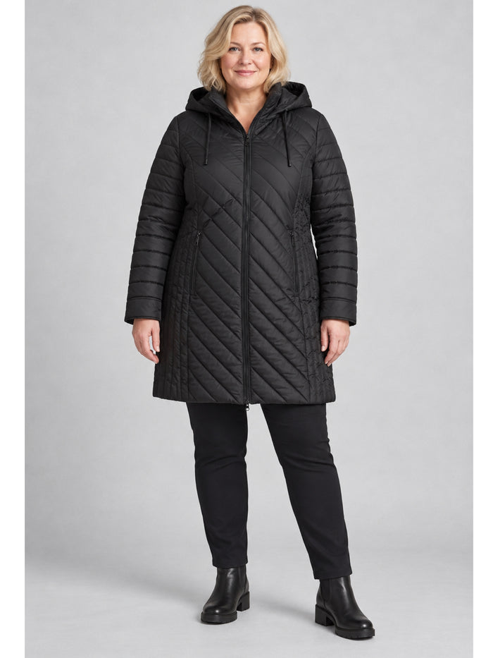 Steppjacke lang mit abnehmbarer Kapuze diagonal gesteppt