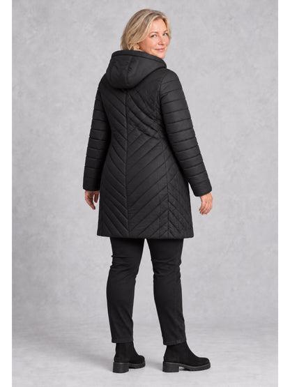 Schwarze Steppjacke mit Kapuze und Steppnähten im Pfeilverlauf am Rücken, Rückansicht