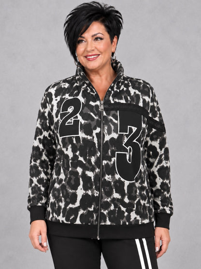 Doris Streich Sweatjacke Leo-Print mit Zahlen und Glitzerband – Schwarz/Weiß Gr. 44–56