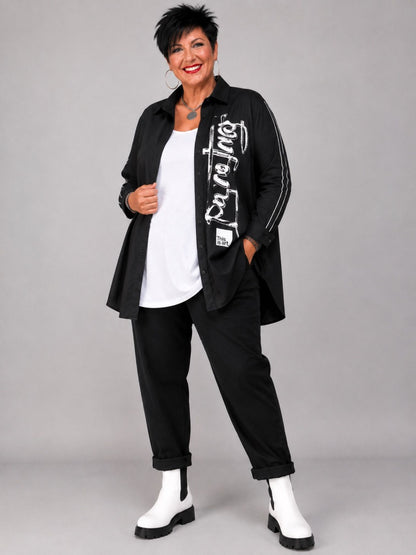 Doris Streich Longbluse Baumwolle mit Pinseldruck – Schwarz Gr. 44–54