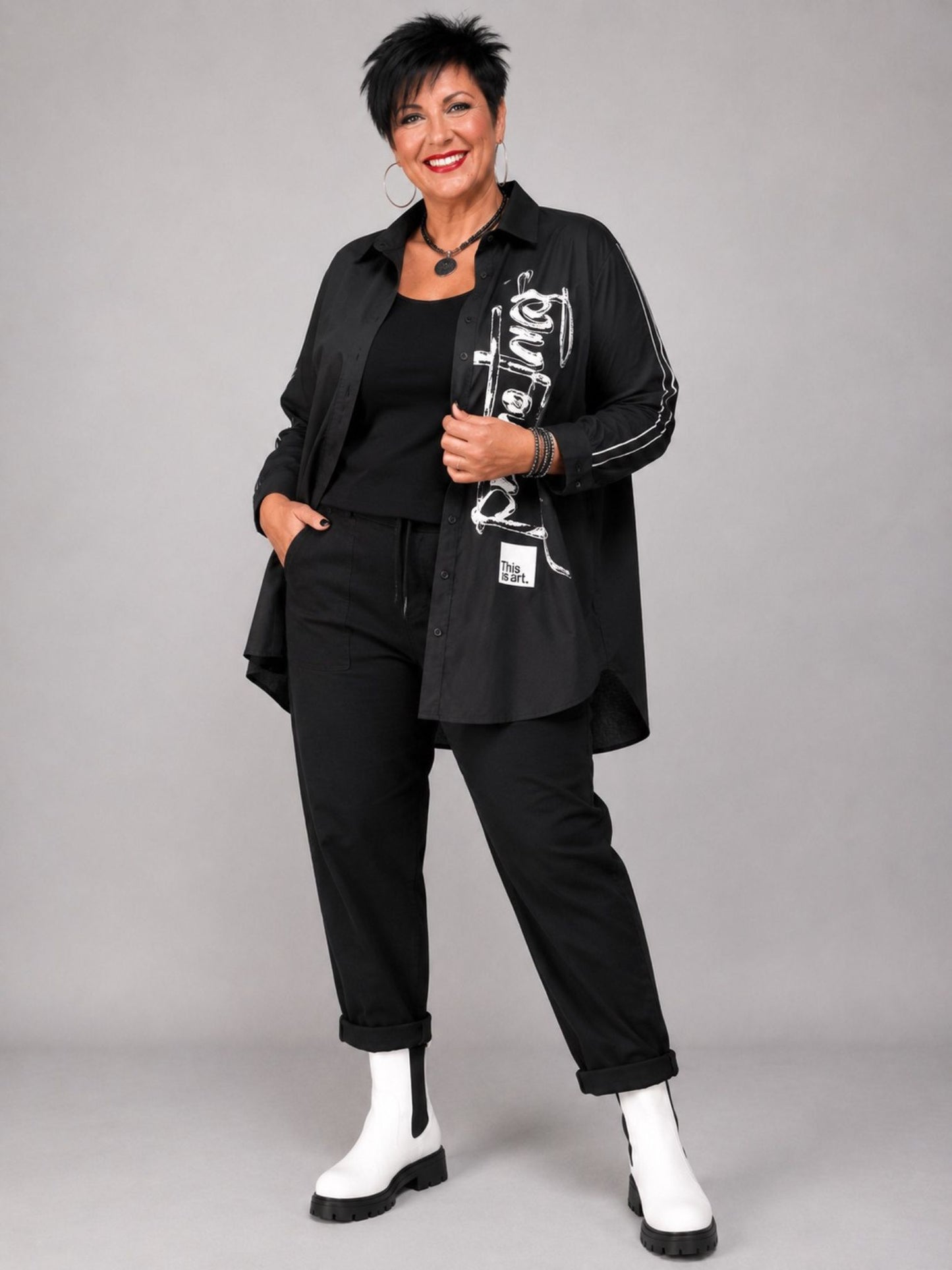 Doris Streich Longbluse Baumwolle mit Pinseldruck – Schwarz Gr. 44–54