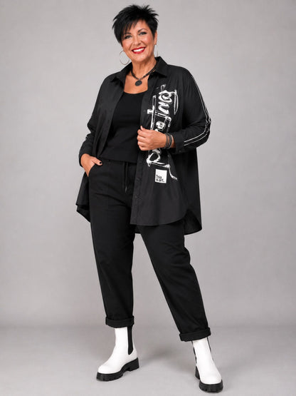 Doris Streich Longbluse Baumwolle mit Pinseldruck – Schwarz Gr. 44–54