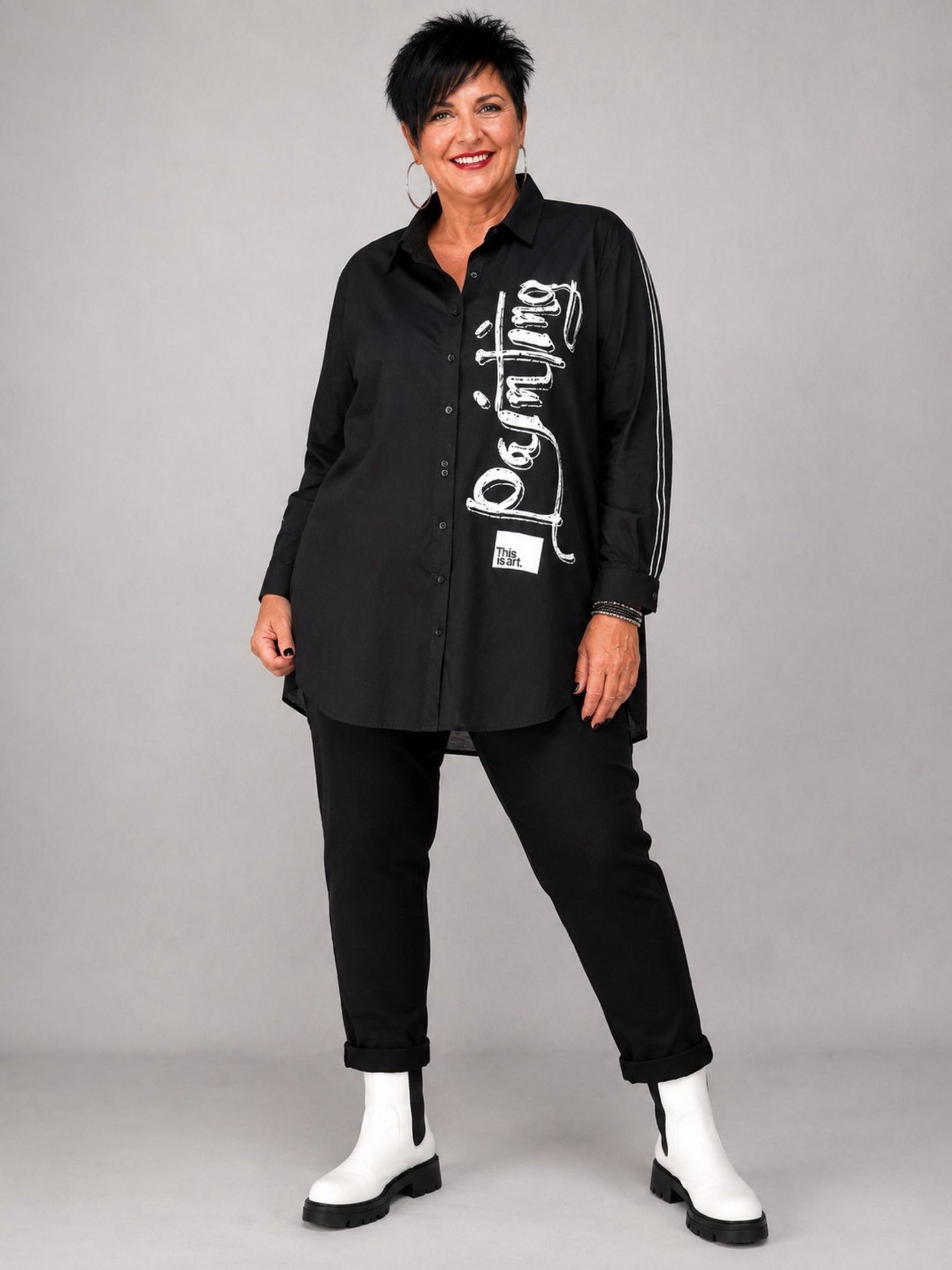 Doris Streich Longbluse Baumwolle mit Pinseldruck – Schwarz Gr. 44–54