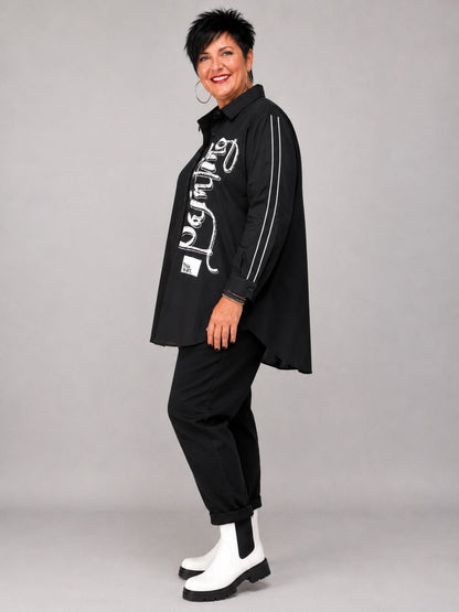 Doris Streich Longbluse Baumwolle mit Pinseldruck – Schwarz Gr. 44–54