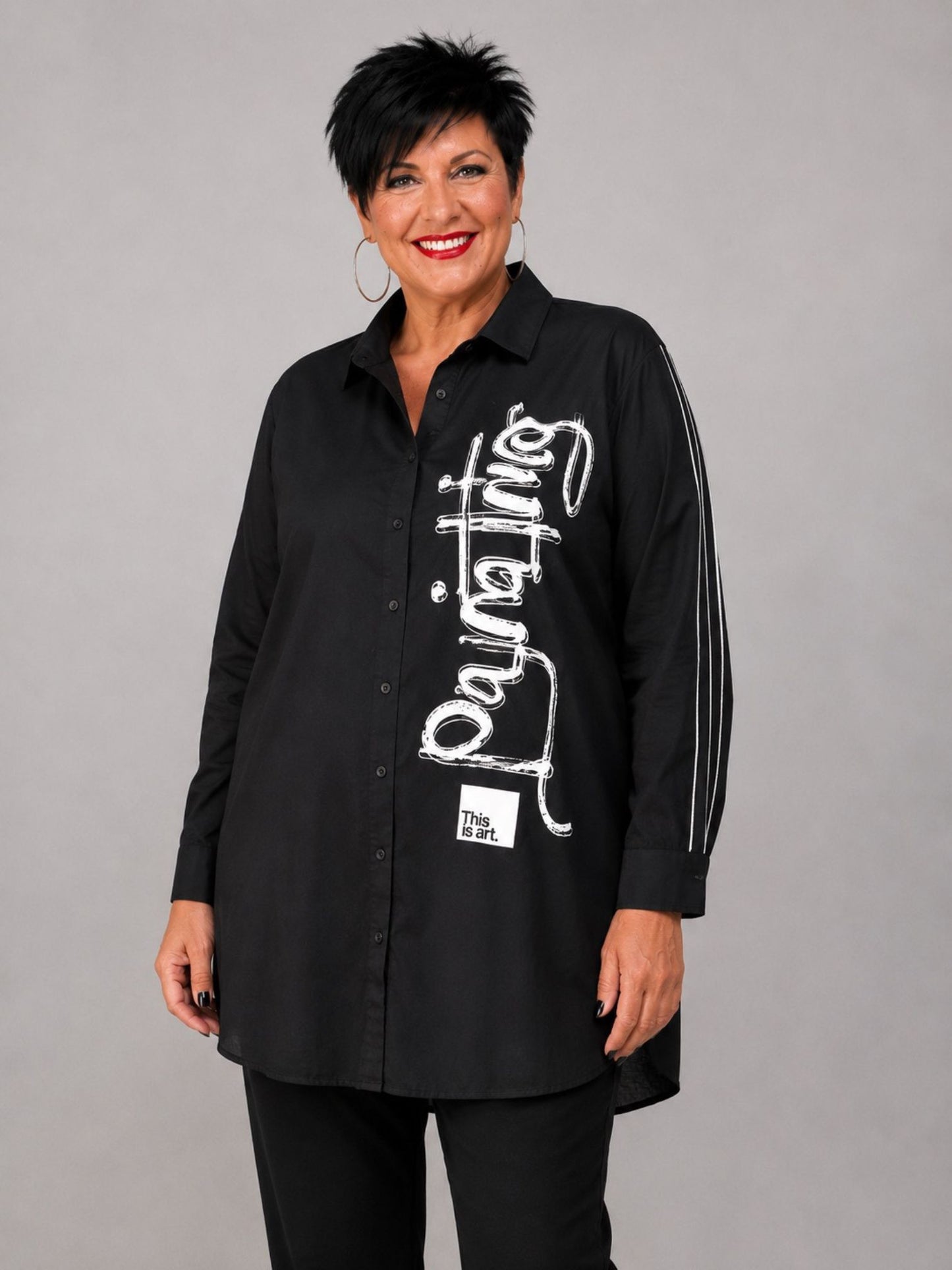 Doris Streich Longbluse Baumwolle mit Pinseldruck – Schwarz Gr. 44–54