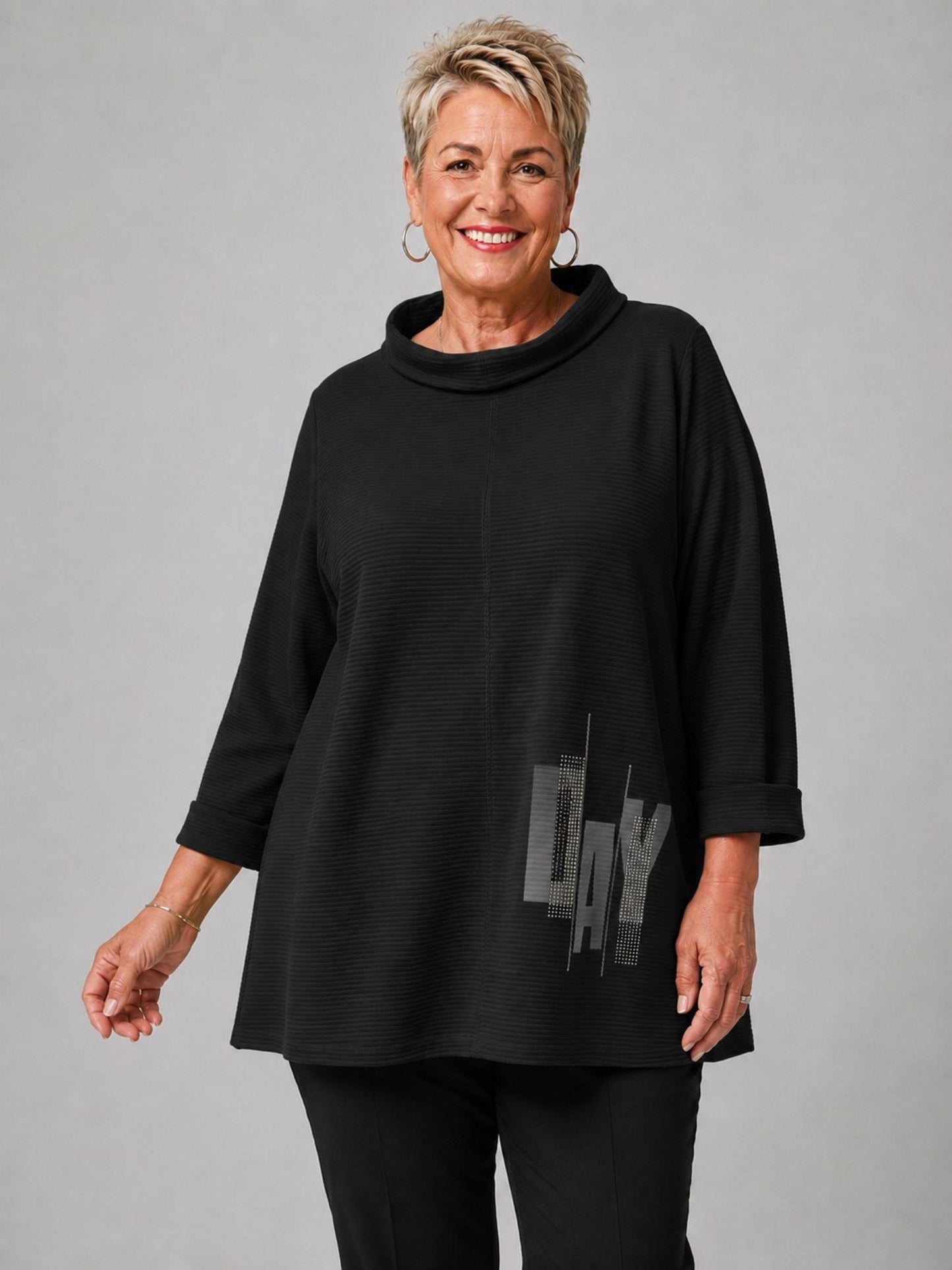 Doris Streich Pullover Rippstruktur mit Straß-Druck – Schwarz Gr. 44–56