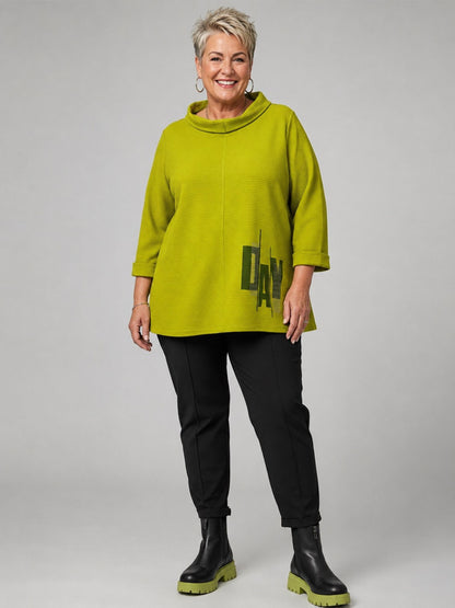 Doris Streich Pullover Rippstruktur mit Straß-Druck – Kiwigrün Gr. 44–56