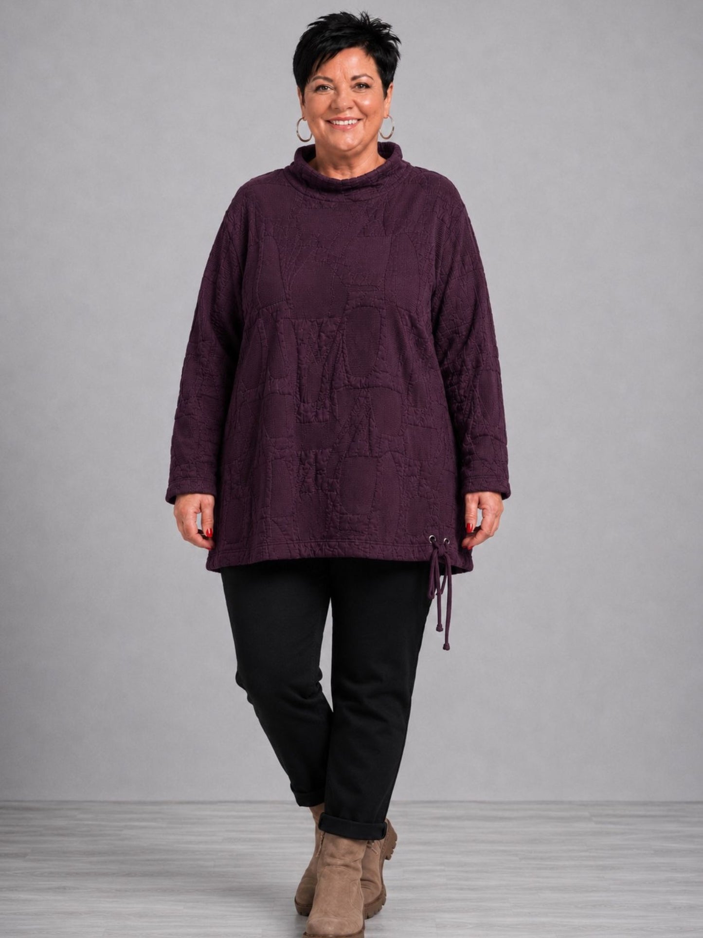 Doris Streich Pullover Rollkragen Struktur-Steppstoff – Aubergine Gr. 44–56