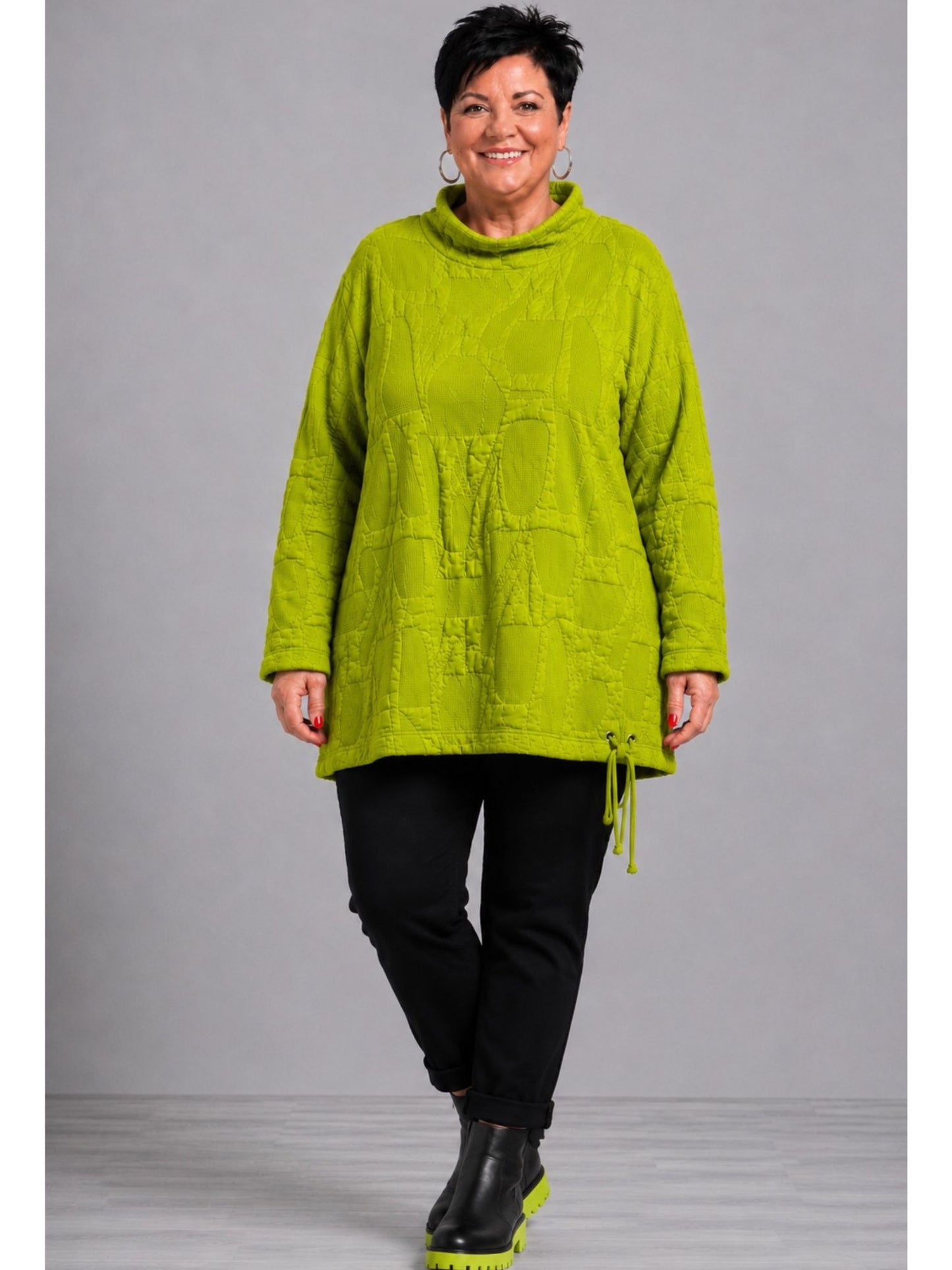 Doris Streich Pullover Rollkragen Struktur-Steppstoff – Kiwi & Taupe Gr. 44–56