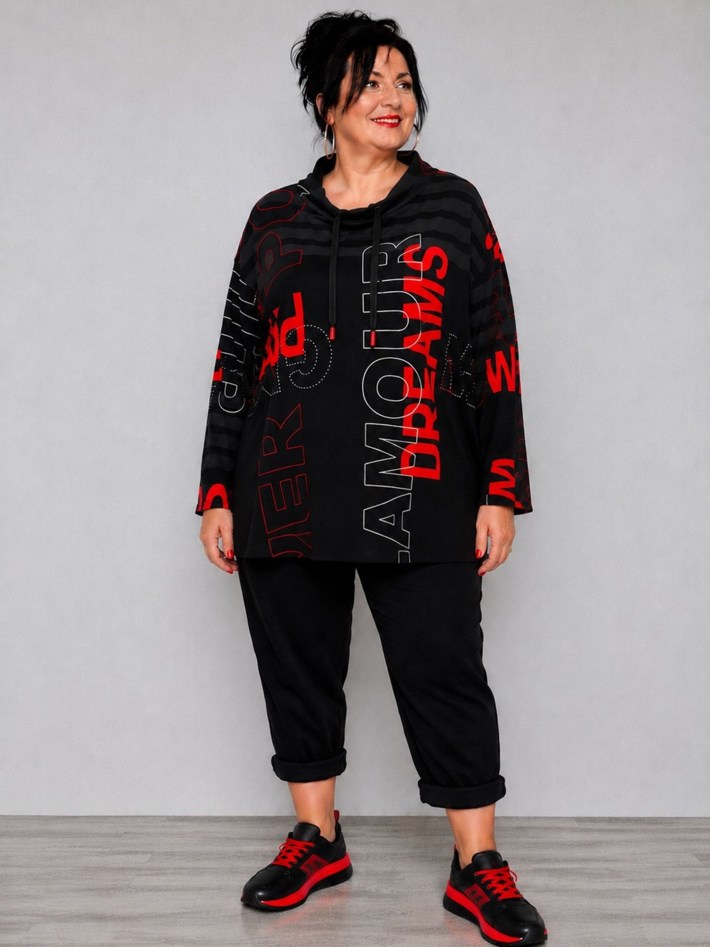 Doris Streich Shirt Viskose Langarm Schriftprint Schwarz-Rot Gr. 44–56