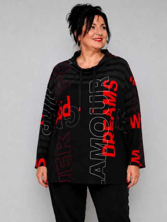 Doris Streich Shirt Viskose Langarm Schriftprint Schwarz-Rot Gr. 44–56