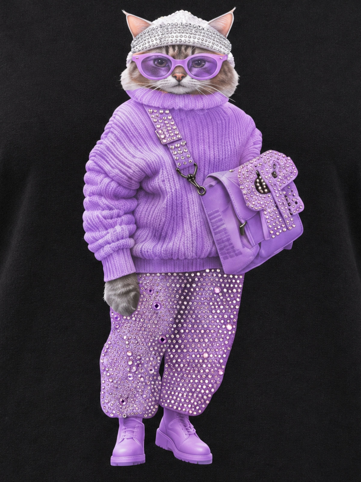 Lila gekleidete Katze mit Strass an Mütze, Tasche und Hose, Detailansicht des Motivs
