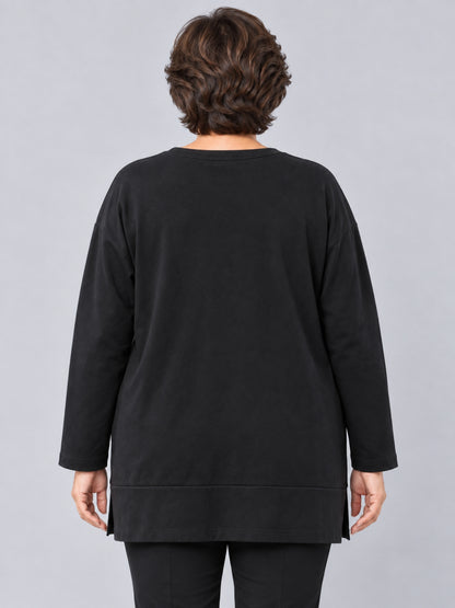 Schwarzes Sweatshirt mit breitem Saumbund und seitlichem Schlitz, Rückansicht