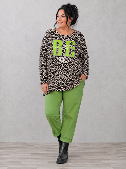 Doris Streich Sweatshirt Leo-Print mit Folienprint in Kiwi – Beige/Schwarz Gr. 44–56