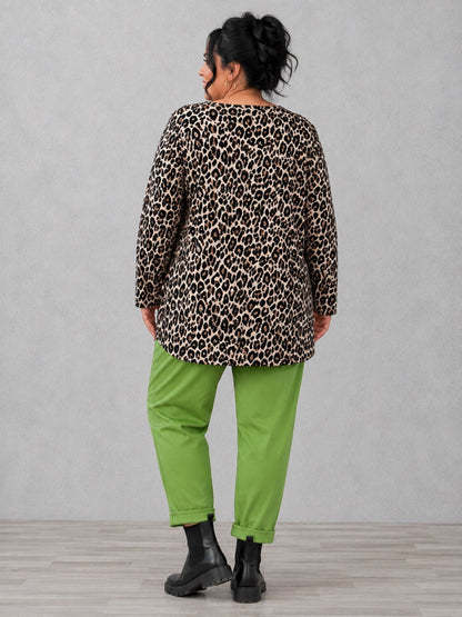 Doris Streich Sweatshirt Leo-Print mit Folienprint in Kiwi – Beige/Schwarz Gr. 44–56