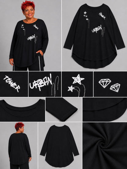 Doris Streich Shirt Viskose Oversize Graffiti-Druck mit Straß – Schwarz/Weiß Gr. 44–56