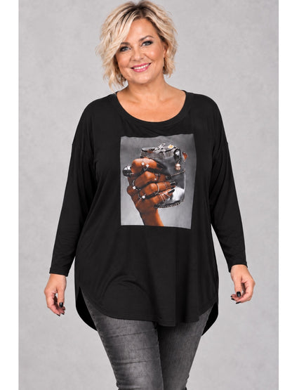 Doris Streich Shirt Viskose mit Fotodruck, Straß und Perlen – Schwarz Gr. 48–56